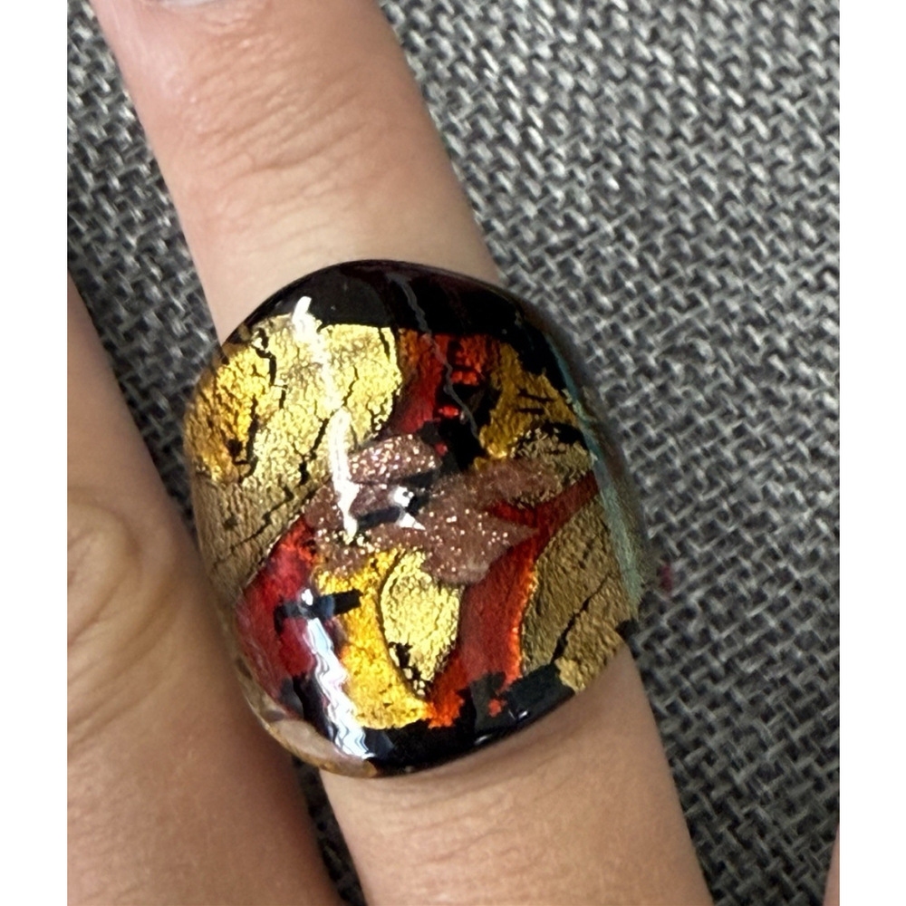Ancient Rome Murano Glass w/ Aventurine Gold Band Ring Jewelry Size 5 1/2